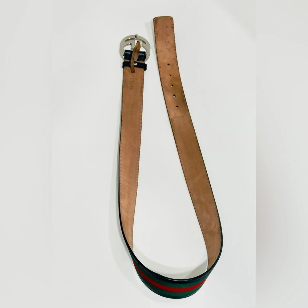 Gucci Web Canvas Black Leather Belt 114984 Silver Interlocking G Buckle 100/40